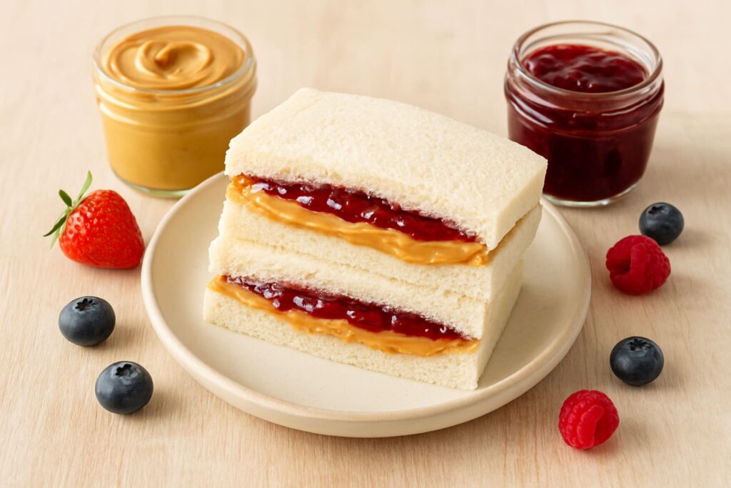 New 5-Minute Peanut Butter and Jam Sandwich Recipe, a sandwich, sandwich in plate, bread sandwich, jam