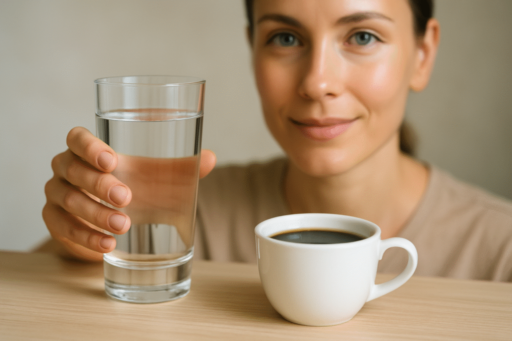coffee, a glass of water, effects of coffee on eyes