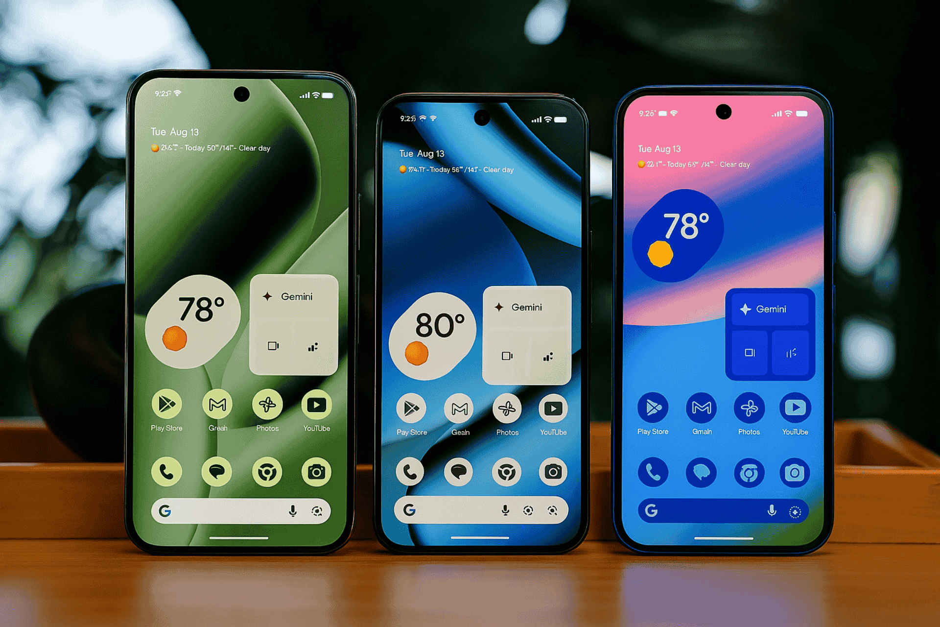 Google Pixel 10 smartphone with sleek design and vibrant home screen display, showcasing weather widget, Gemini app, and Google apps including Play Store, Gmail, Photos, and YouTube.