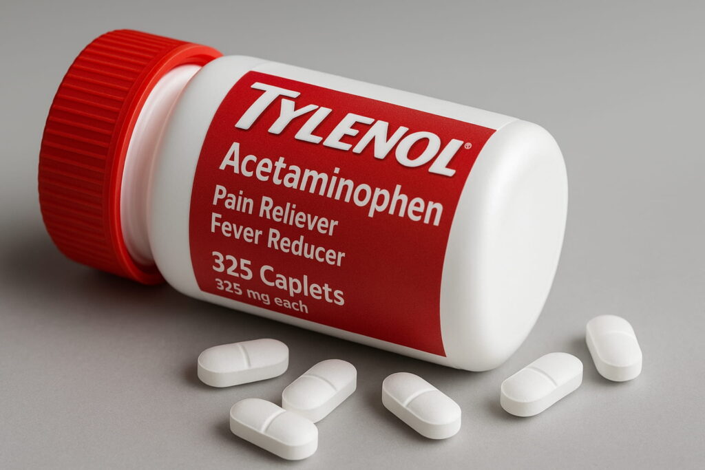 Tylenol pill bottle with tablets on a clean surface, tylenol