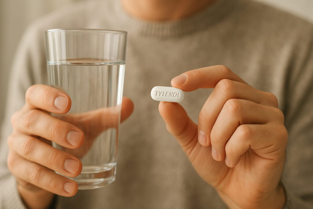 Person taking Tylenol tablet with water for pain or fever relief, tylenol