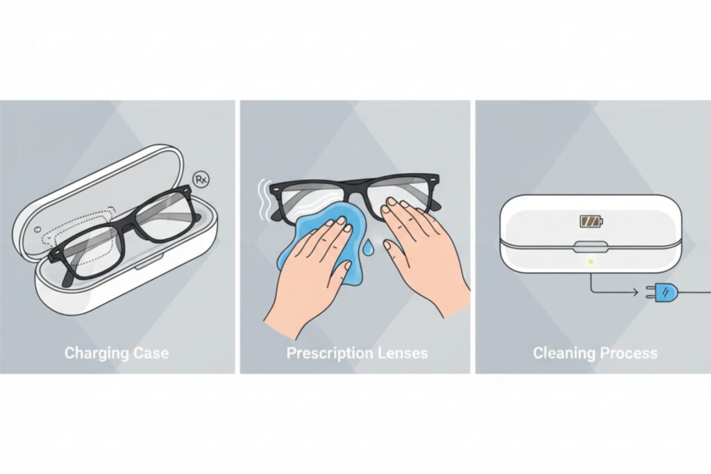 Meta smart glasses charging case, prescription lenses, and cleaning with microfiber cloth, Meta’s new glasses