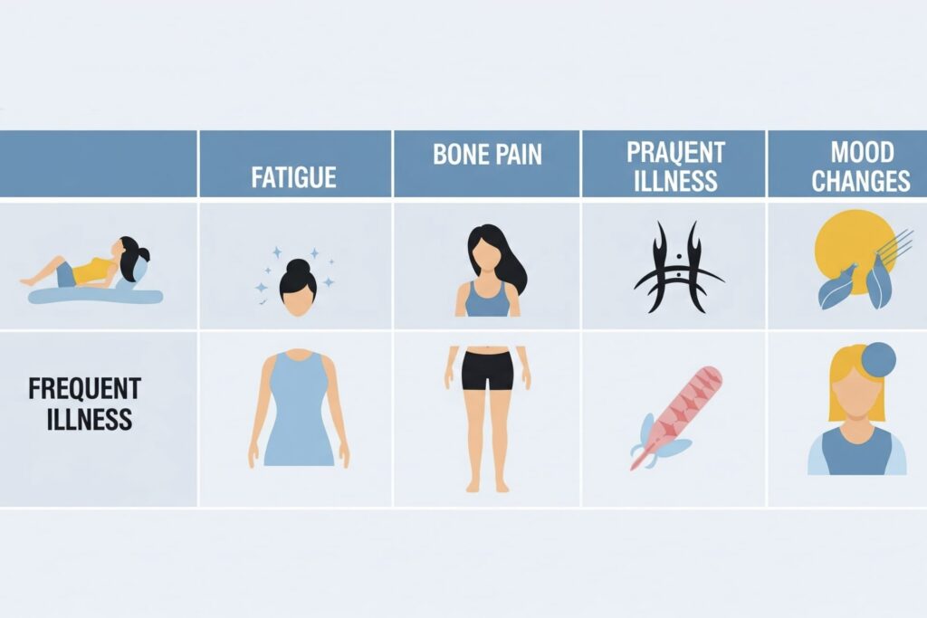 Vitamin D deficiency symptoms, signs of low Vitamin D, bone pain Vitamin D deficiency, hair loss Vitamin D, fatigue Vitamin D deficiency