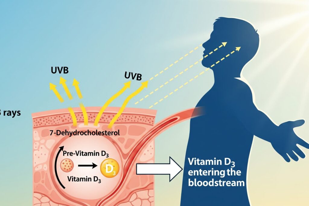 Vitamin D, sunlight Vitamin D infographic, UV rays Vitamin D, Vitamin D3 from sunlight, how skin produces Vitamin D, sunshine vitamin illustration