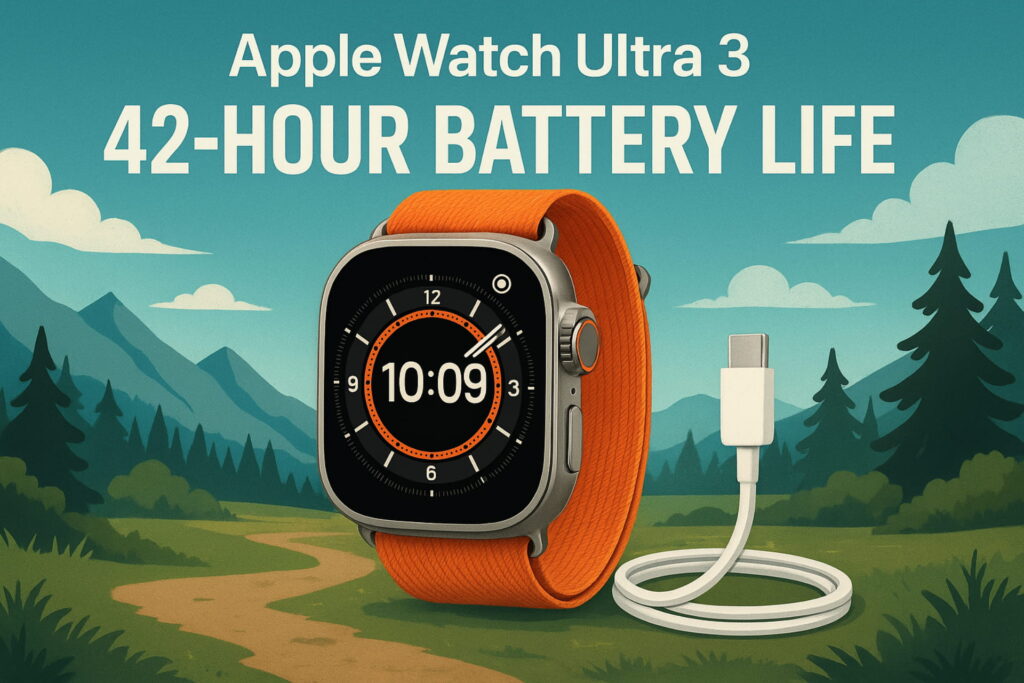 Apple Watch Ultra 3 battery life 42 hours," "Apple Watch Ultra 3 fast charging," "Smartwatch long battery life," "Apple Watch Ultra 3 outdoor adventure battery