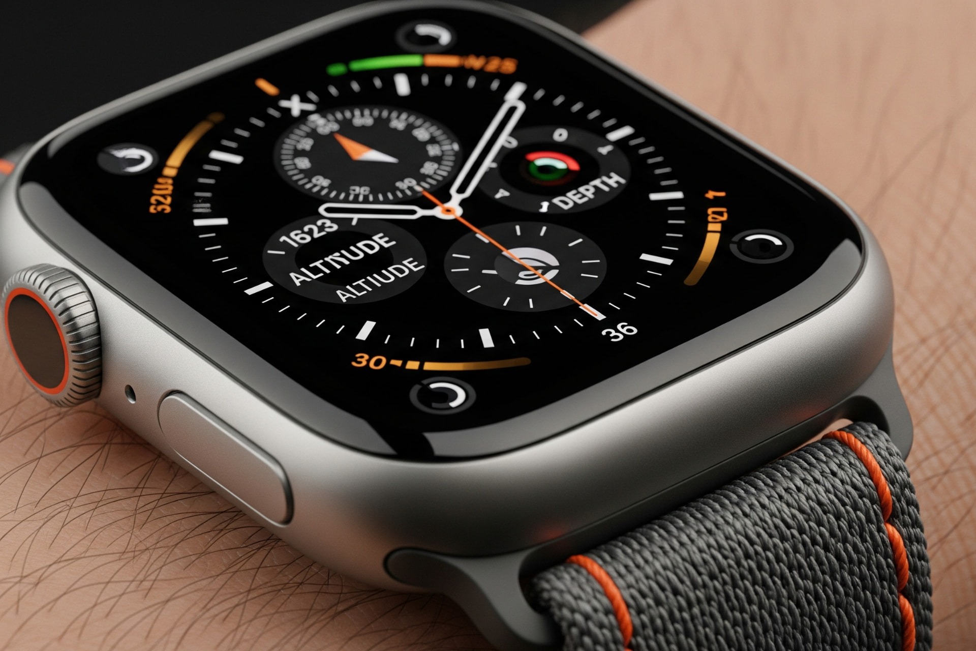 Close-up of Apple Watch Ultra 3 with titanium case and large LTPO3 OLED display showing vibrant watch face, Apple Watch Ultra 3