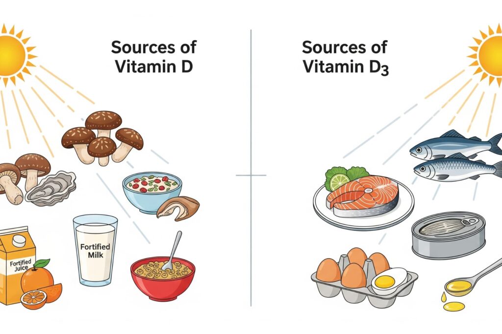 Vitamin D vs D3, Vitamin D types explained, Vitamin D3 sources, best form of Vitamin D, difference between Vitamin D and D3