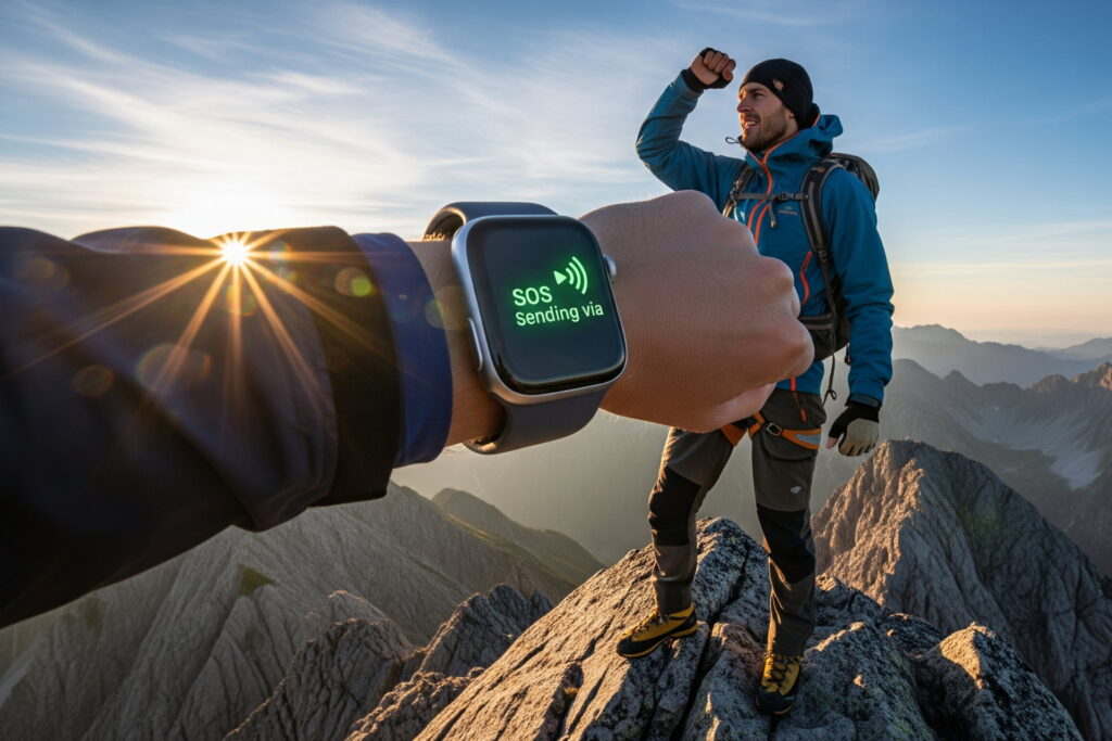 Traveler on a mountain peak using Apple Watch Ultra 3 to send an emergency SOS via satellite, Apple Watch Ultra 3