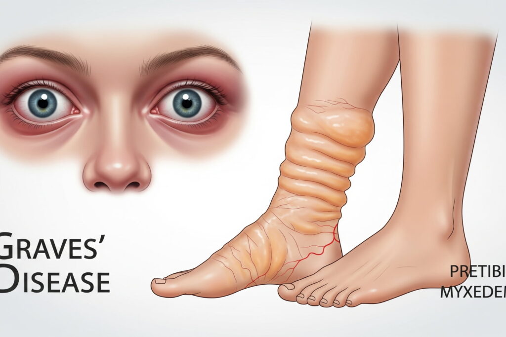 Medical illustration of Graves’ orbitopathy with bulging eyes and thickened leg skin, Graves' Disease
