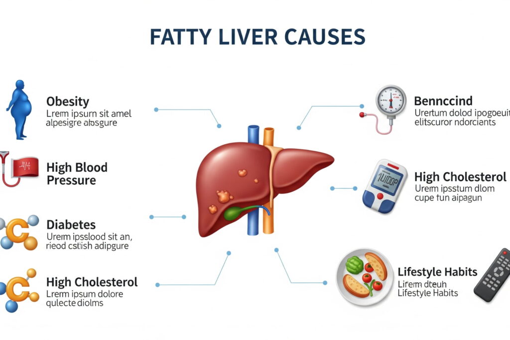 Fatty liver causes, obesity, diabetes, high blood pressure, cholesterol, lifestyle risks, medical infographic