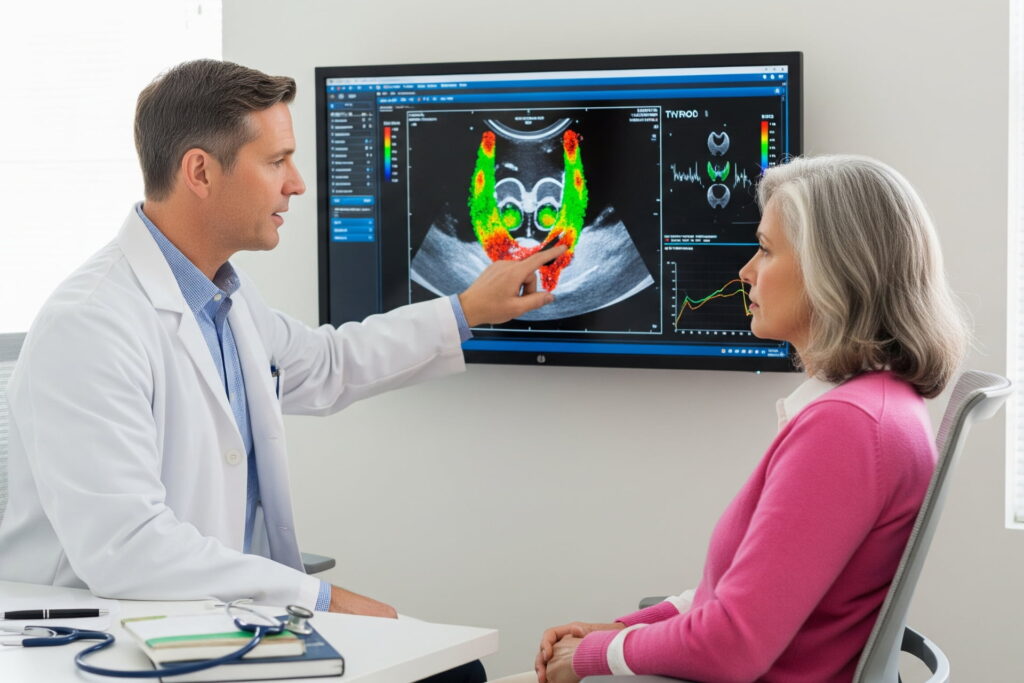 Doctor discussing thyroid scan results with patient in clinical setting, Graves' disease
