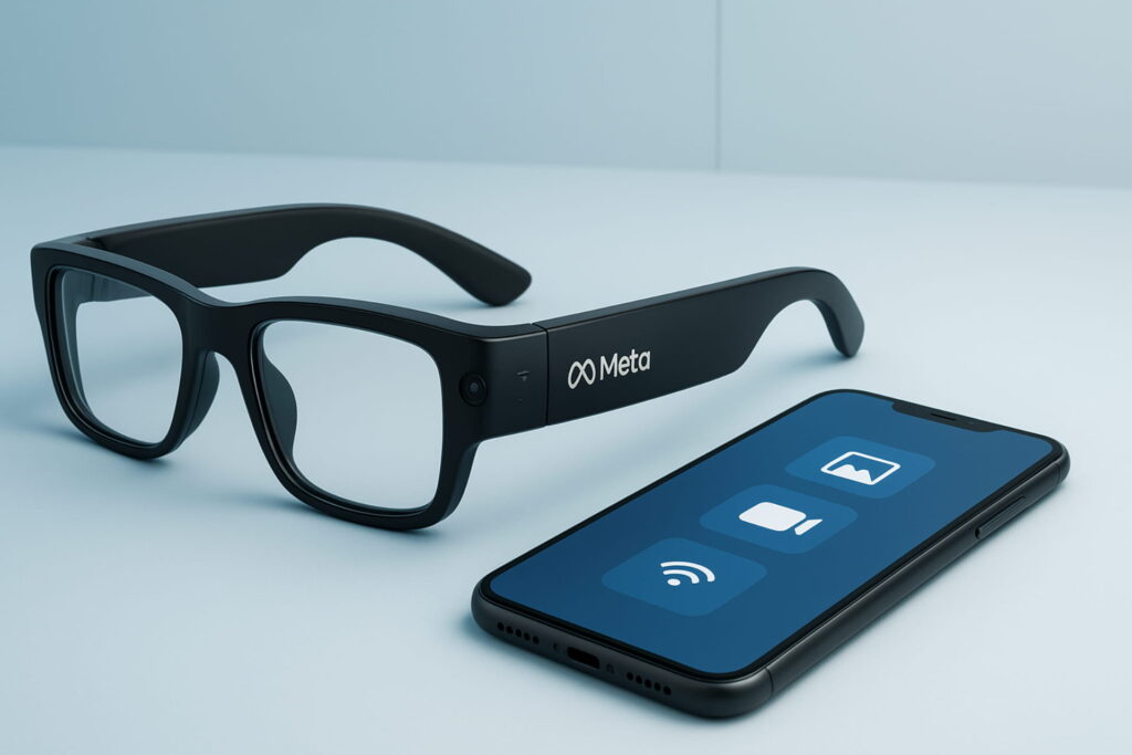 Feature image of Meta smart glasses connected with a smartphone, futuristic clean background, highlighting photos, videos, and live view icons, minimalistic flat design, high-tech aesthetic, 16:9 ratio, professional sleek style, modern, futuristic, high-resolution, flat illustration, inspired by Apple design guidelines