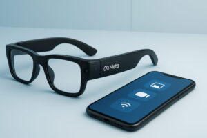 Feature image of Meta smart glasses connected with a smartphone, futuristic clean background, highlighting photos, videos, and live view icons, minimalistic flat design, high-tech aesthetic, 16:9 ratio, professional sleek style, modern, futuristic, high-resolution, flat illustration, inspired by Apple design guidelines