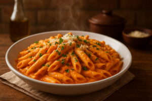 Spicy Vodka Pasta, Creamy spicy vodka pasta topped with parmesan and parsley in a rustic Italian setting.