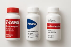 Tylenol and other acetaminophen medicine bottles on a white background, tylenol