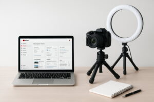 a ring light, camera stand, youtube channel preparation, a laptop screen, laptop screen showing youtube channel