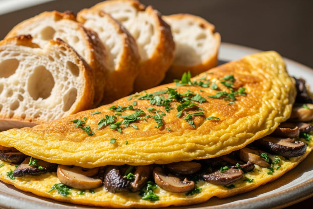 French porcini mushroom omelet, omelette aux cèpes with parsley, rustic breakfast recipe