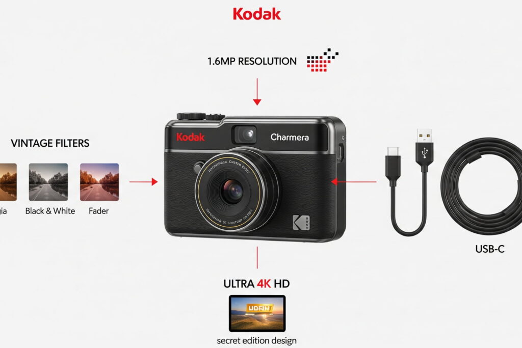 Kodak Camera features infographic 1.6 megapixel camera, USB-C charging, vintage filters, secret edition