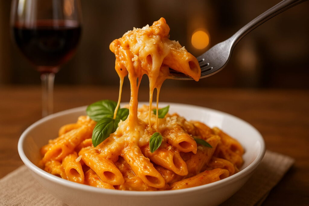 Fork twirling creamy spicy vodka pasta topped with parmesan and basil, ready to serve, spicy vodka pasta