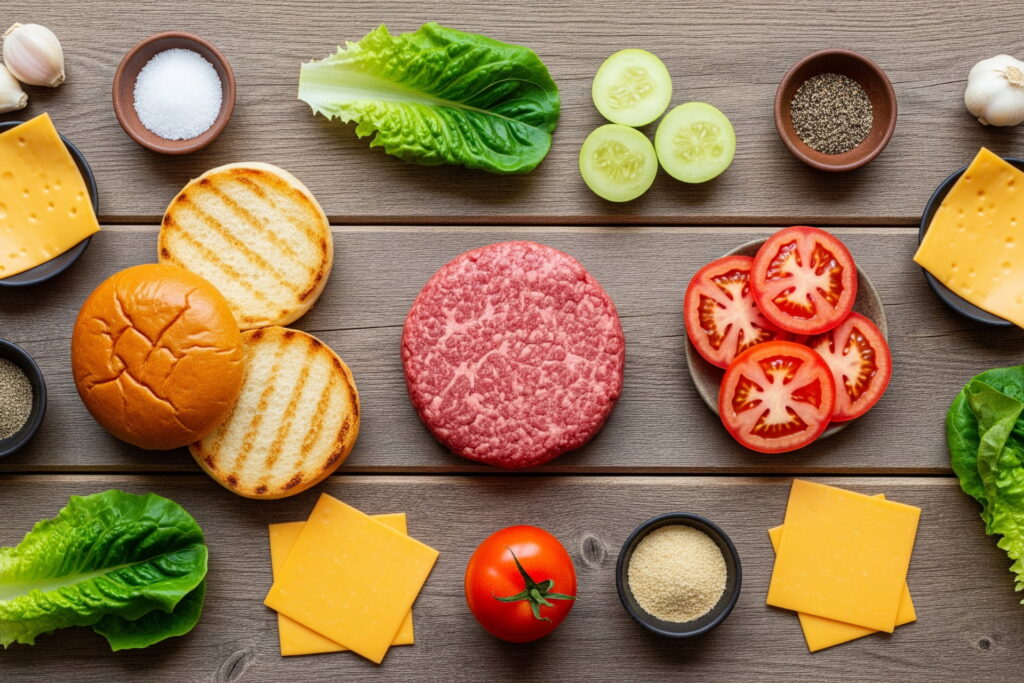 wagyu burger ingredients, ground wagyu beef and toppings, burger recipe prep, wagyu burger, wagyu beef burgers