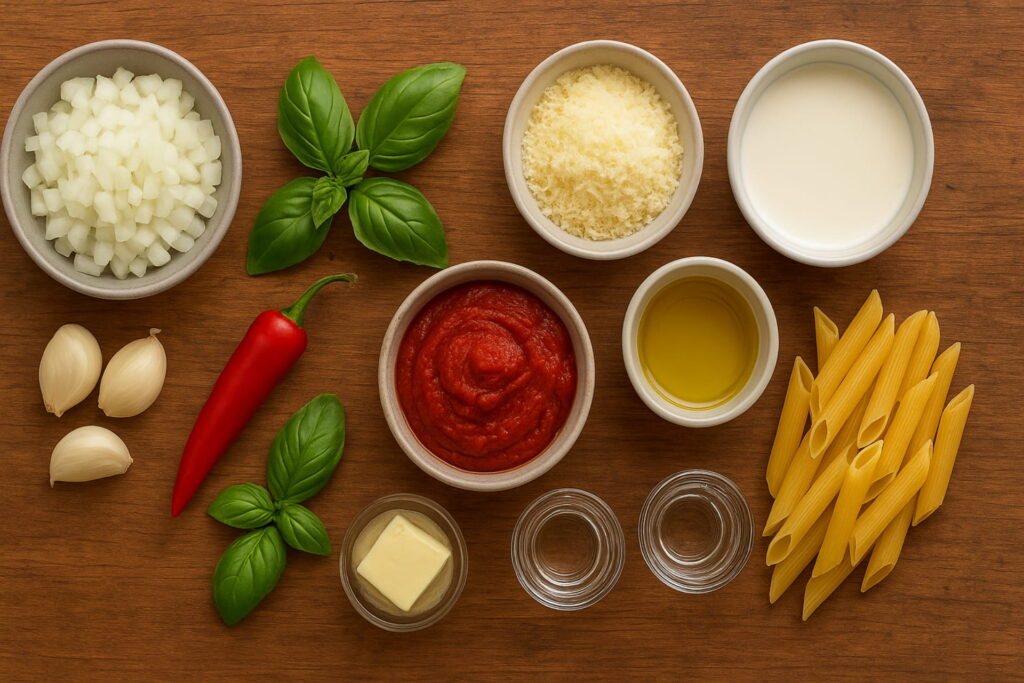 Fresh ingredients for making spicy vodka pasta displayed on a wooden surface, spicy vodka pasta