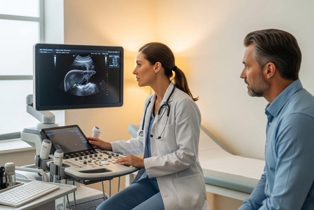 Fatty liver diagnosis, ultrasound liver test, doctor-patient medical examination