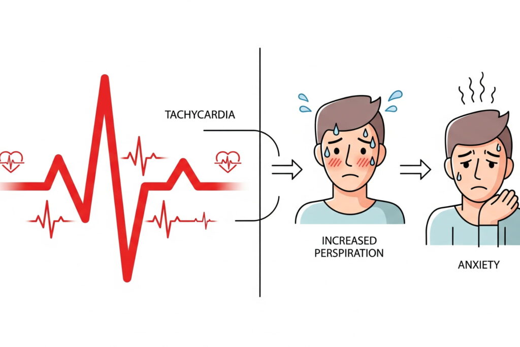Infographic showing Graves’ disease symptoms, rapid heartbeat, heat intolerance, anxiety, Graves’ disease