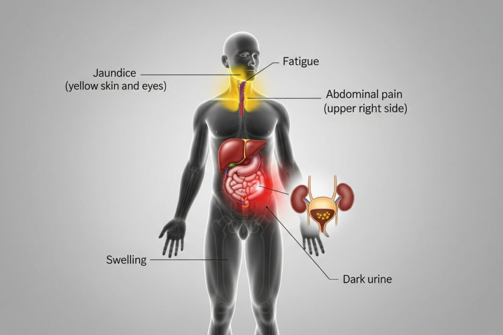 Fatty liver symptoms, abdominal pain, fatigue, jaundice, swelling, dark urine, medical diagram
