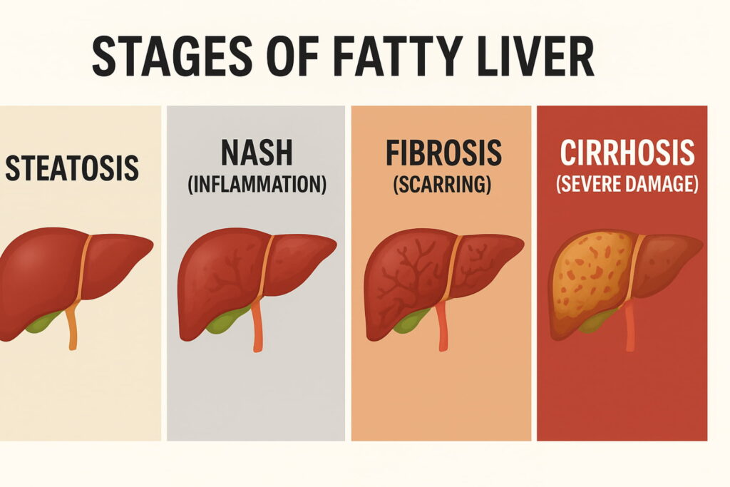 Fatty liver stages, steatosis, NASH, fibrosis, cirrhosis, liver progression infographic