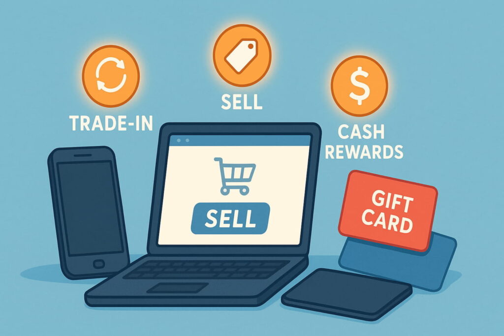 Illustration of selling old electronics and gift cards online to turn unused items into quick cash, ways to make money
