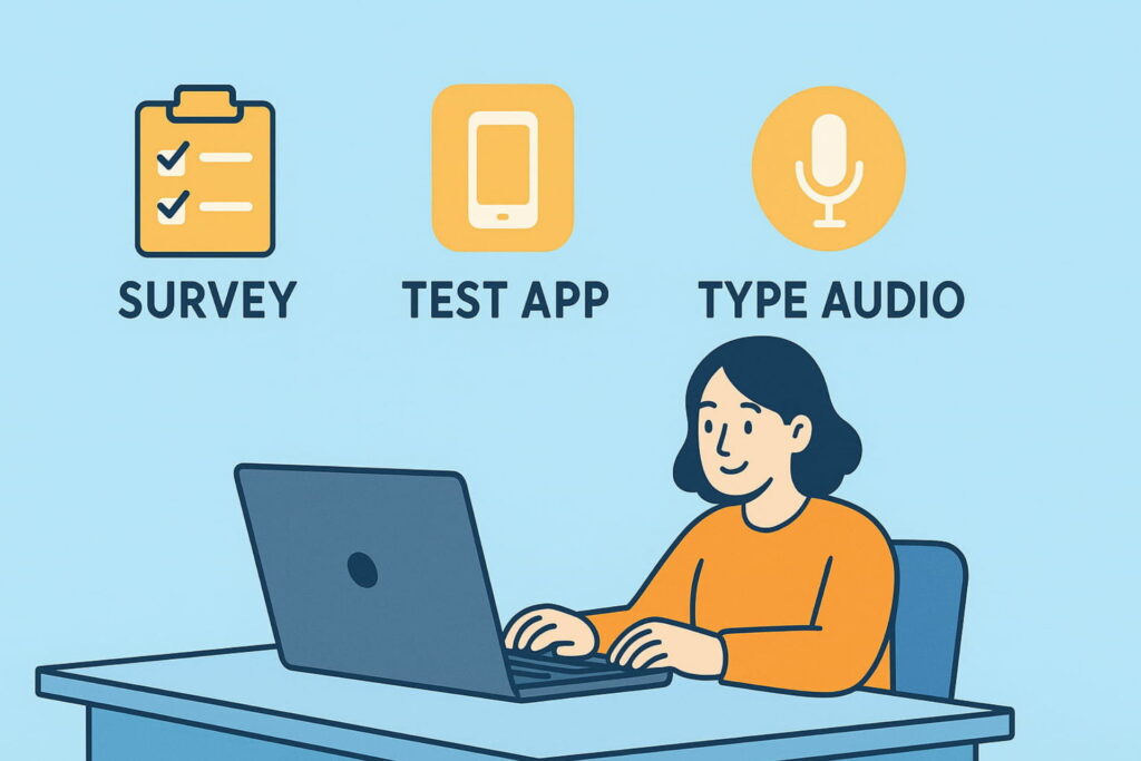 Freelancer working on laptop doing online surveys and website testing to earn extra income quickly, ways to make money