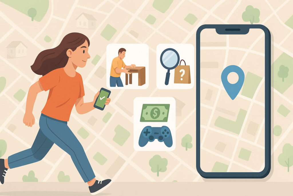 Illustration of a person completing small local tasks and mystery shopping to make extra cash using mobile apps, ways to make money