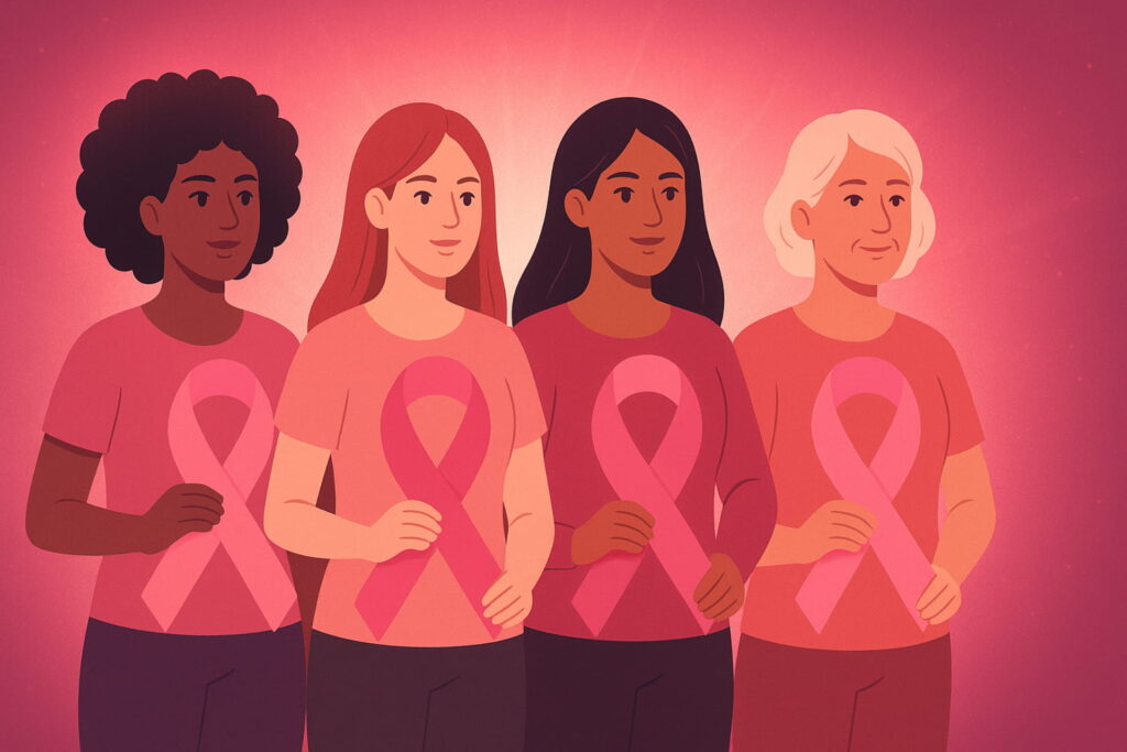 Diverse women holding pink ribbons for breast cancer awareness,  