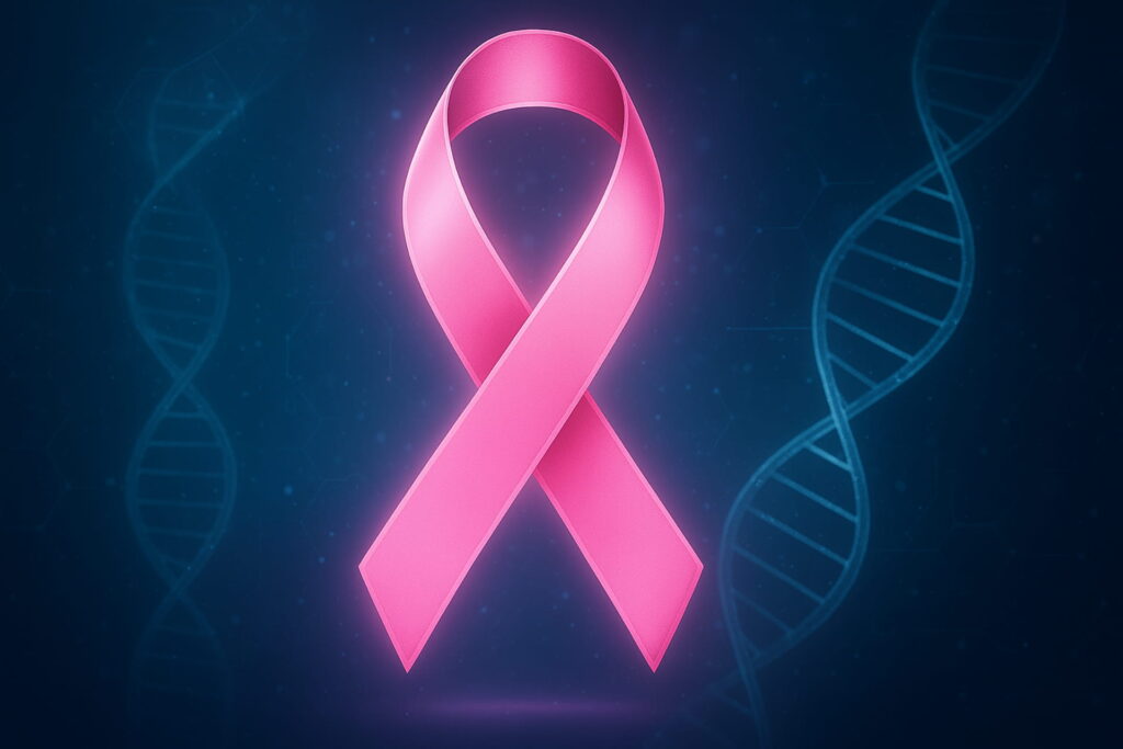 Pink ribbon breast cancer awareness symbol with DNA background.