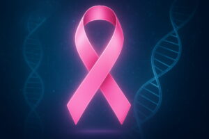 Pink ribbon breast cancer awareness symbol with DNA background.