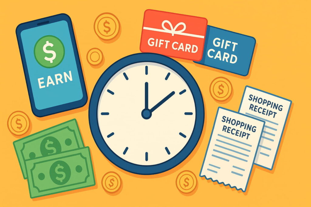Flat lay illustration with smartphone, gift cards, and coins symbolizing quick ways to make extra cash in under an hour, ways to make money