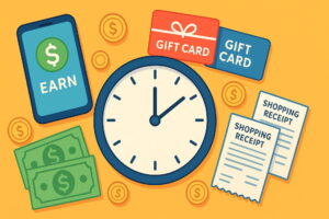 Flat lay illustration with smartphone, gift cards, and coins symbolizing quick ways to make extra cash in under an hour, ways to make money