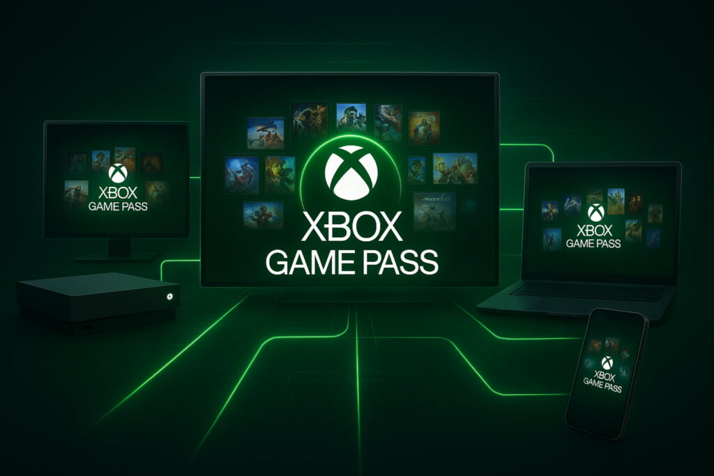 Illustration showing Xbox Game Pass on console, PC, mobile, and TV — highlighting cross-platform gaming access. xbox game pass