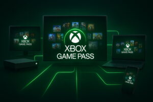 Illustration showing Xbox Game Pass on console, PC, mobile, and TV — highlighting cross-platform gaming access. xbox game pass