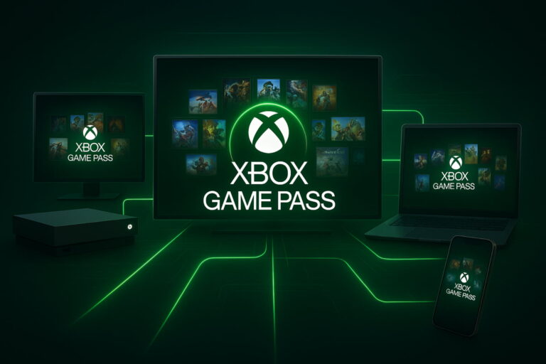 Illustration showing Xbox Game Pass on console, PC, mobile, and TV — highlighting cross-platform gaming access. xbox game pass