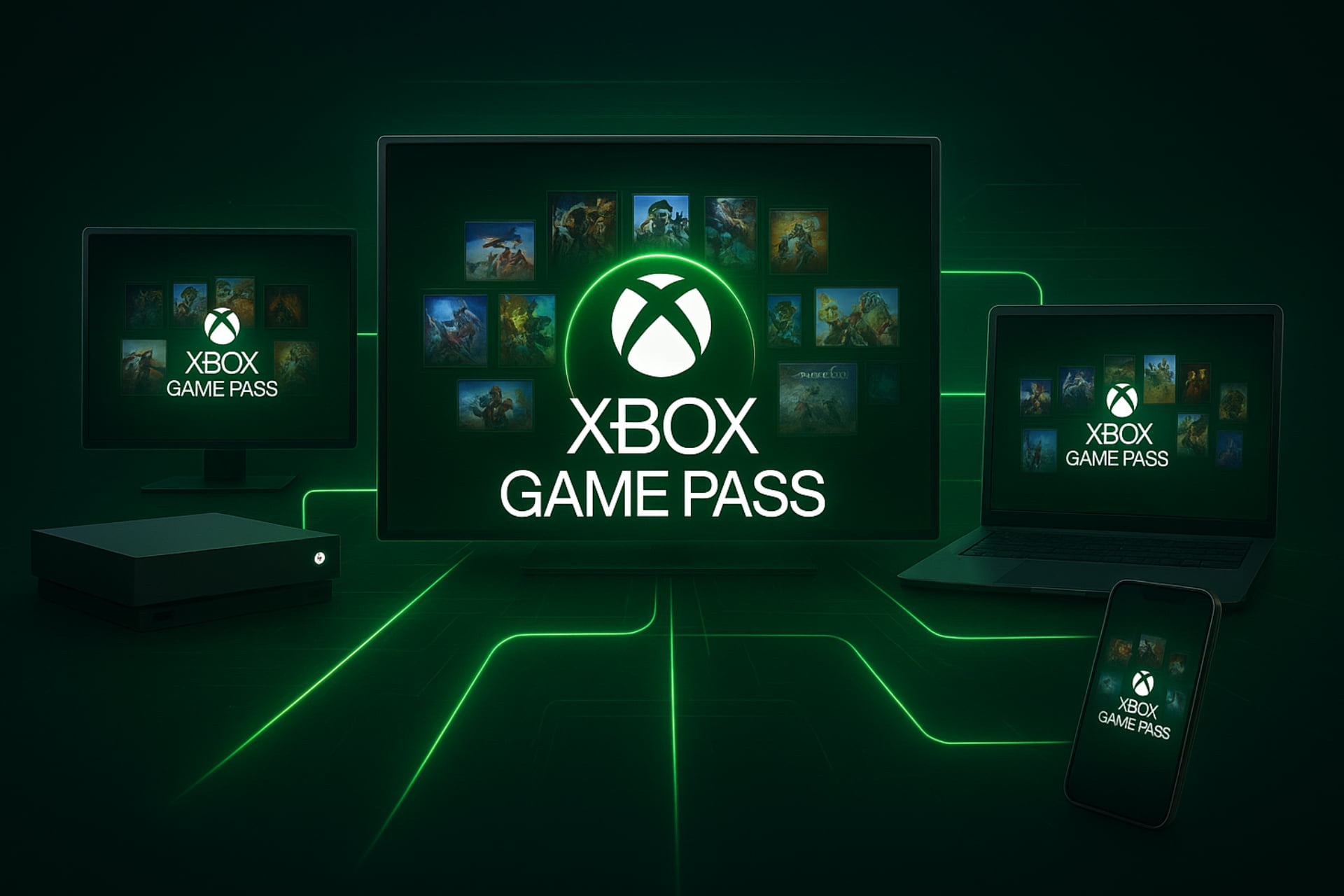 Illustration showing Xbox Game Pass on console, PC, mobile, and TV — highlighting cross-platform gaming access. xbox game pass