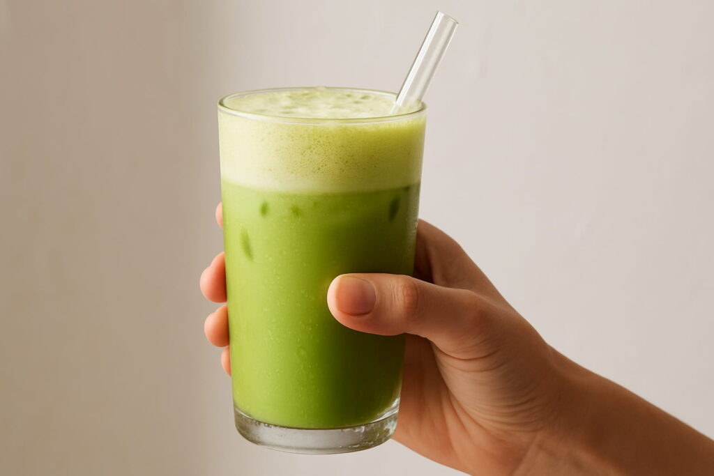 Refreshing iced protein matcha latte with frothy almond milk served in a glass with straw, starbucks protein drink