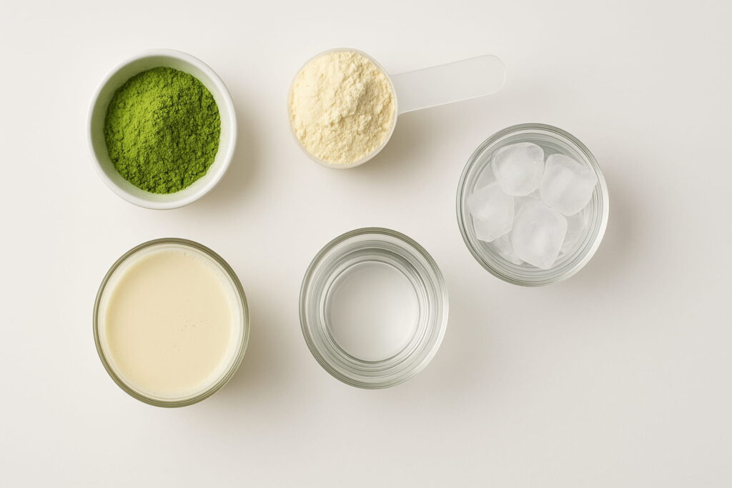 Ceremonial matcha powder, vanilla protein powder, almond milk, water, and ice cubes neatly arranged, starbucks protein drink