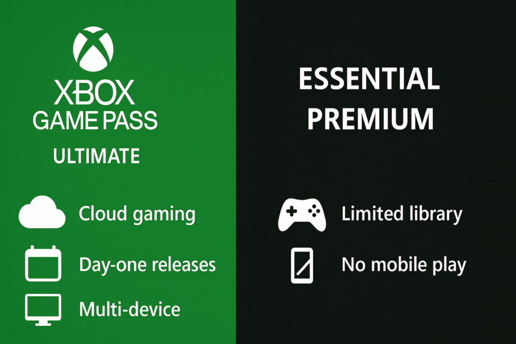 Visual comparison of Xbox Game Pass Ultimate versus lower tiers, showing differences in features and device flexibility, xbox game pass