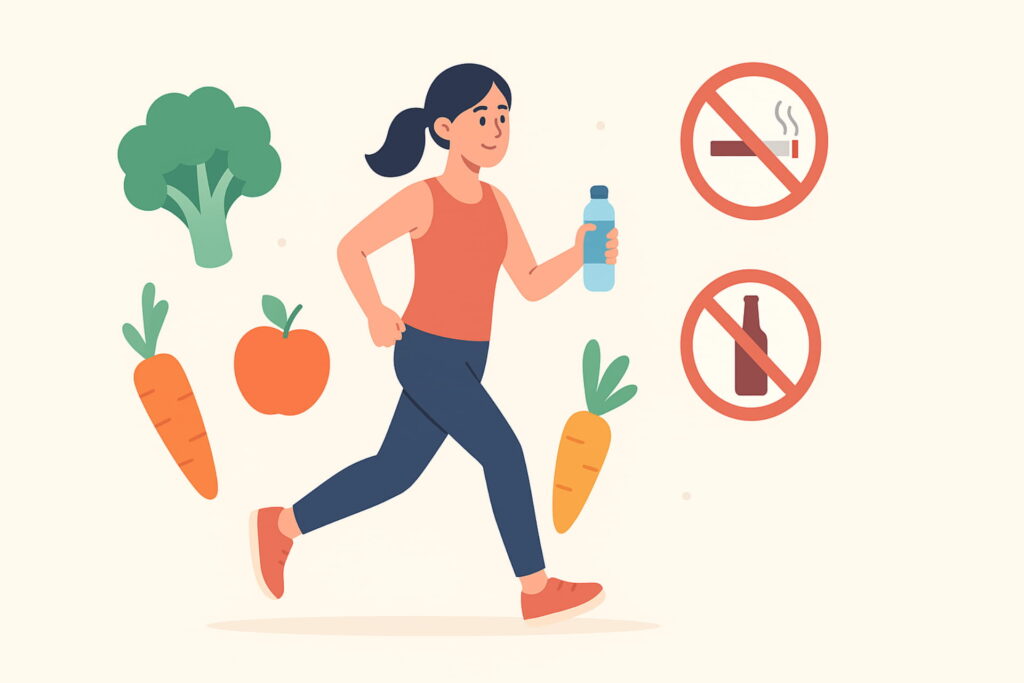Illustration of healthy lifestyle choices to prevent breast cancer, 