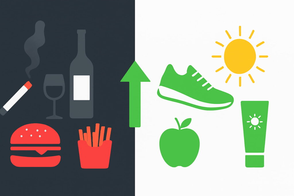 Split visual showing healthy lifestyle (fruit, running) contrasted with risky factors (smoking, fast food). cancer, cancer treatment, cancer prevention