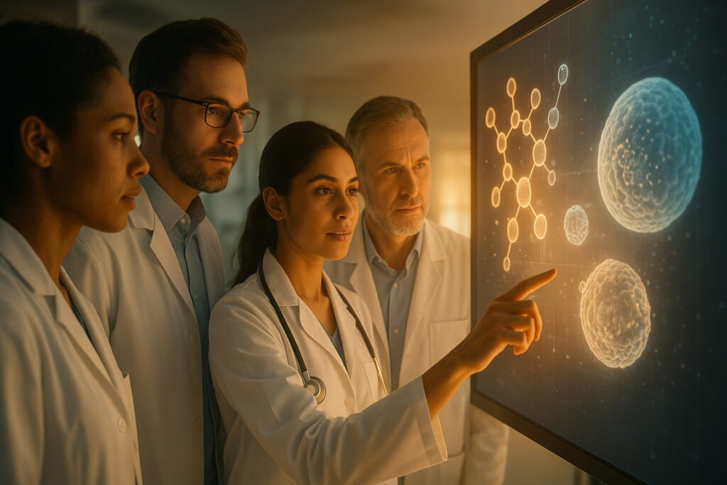 Scientists reviewing data on a large screen, focusing on research and hope, cancer, cancer diagnosis