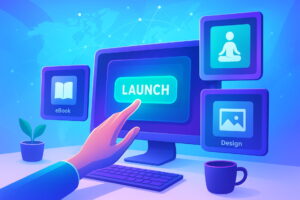 A digital workspace filled with icons representing diverse online selling product ideas, symbolizing the vast opportunities in the digital economy, selling digital products