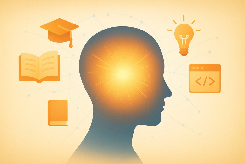 An abstract depiction of a person's head filled with glowing knowledge symbols, representing online education and learning product ideas, digital product selling ideas