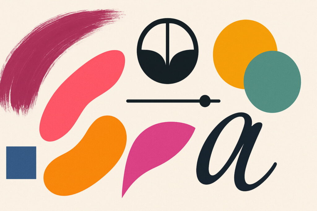 A vibrant collage of design elements like paint strokes, fonts, and photo filters, representing creative and design assets for online selling, selling digital products, selling digital product ideas